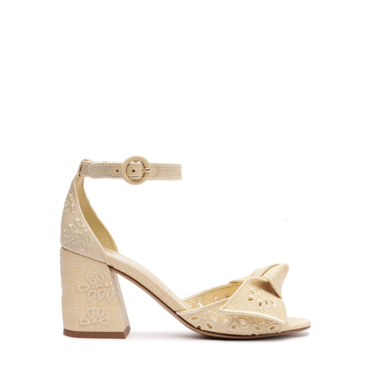 Side view of Maxi Clarita Embroidery 75 sandal showcasing creamy embroidered cutout upper, ankle strap, and block heel on white background