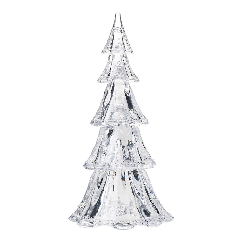 Front view of a single Berry & Thread 16 inch clear blown glass tree showing tiered layers on white background
