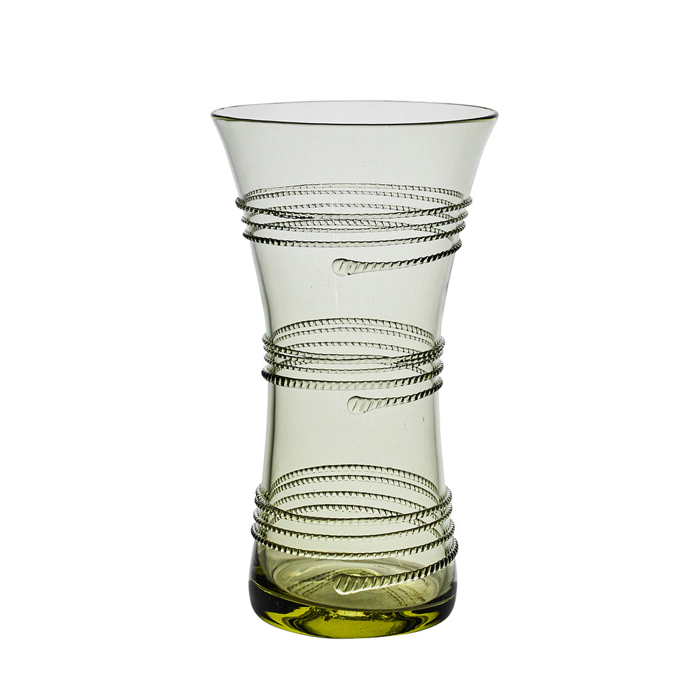 Front view of Juliska Ella 9-inch Corset Vase in green showcasing swirling thread bands on a white background