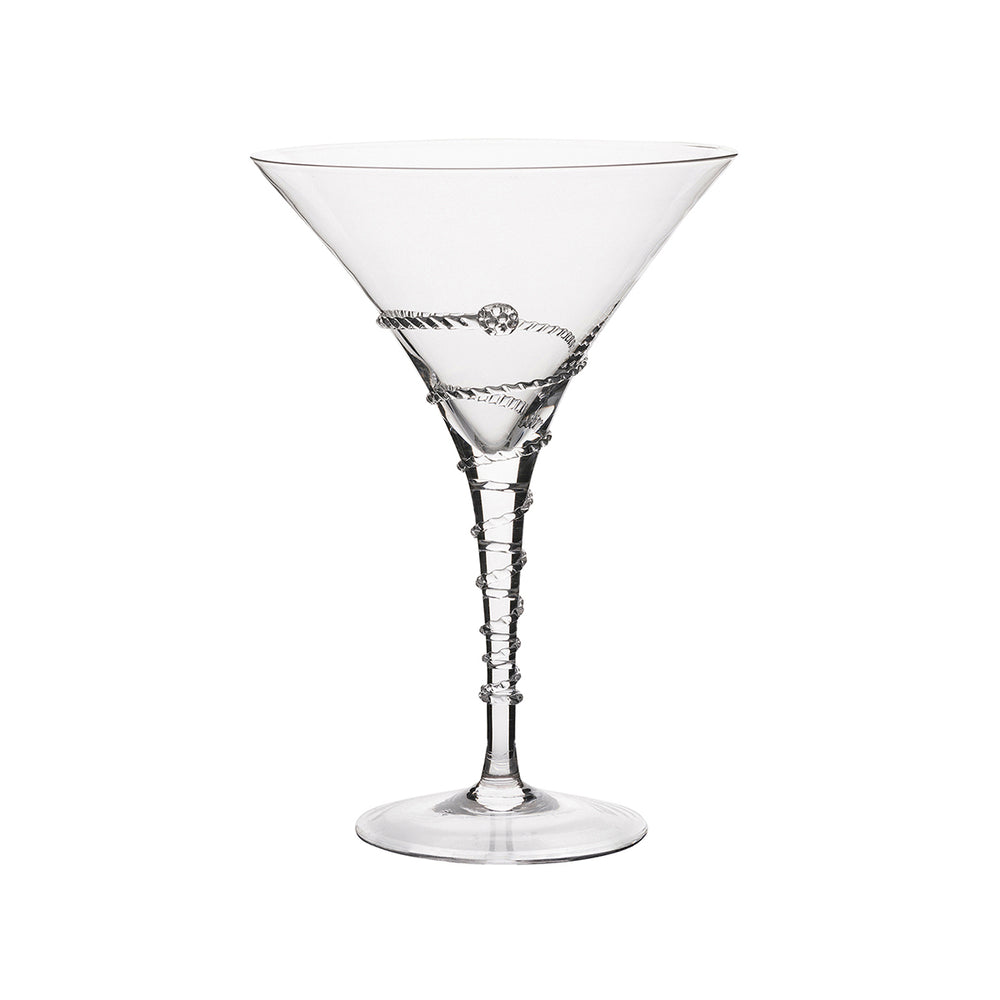 Front view of Amalia Martini martini glass showcasing twisted thread around the stem and flared bowl on white background