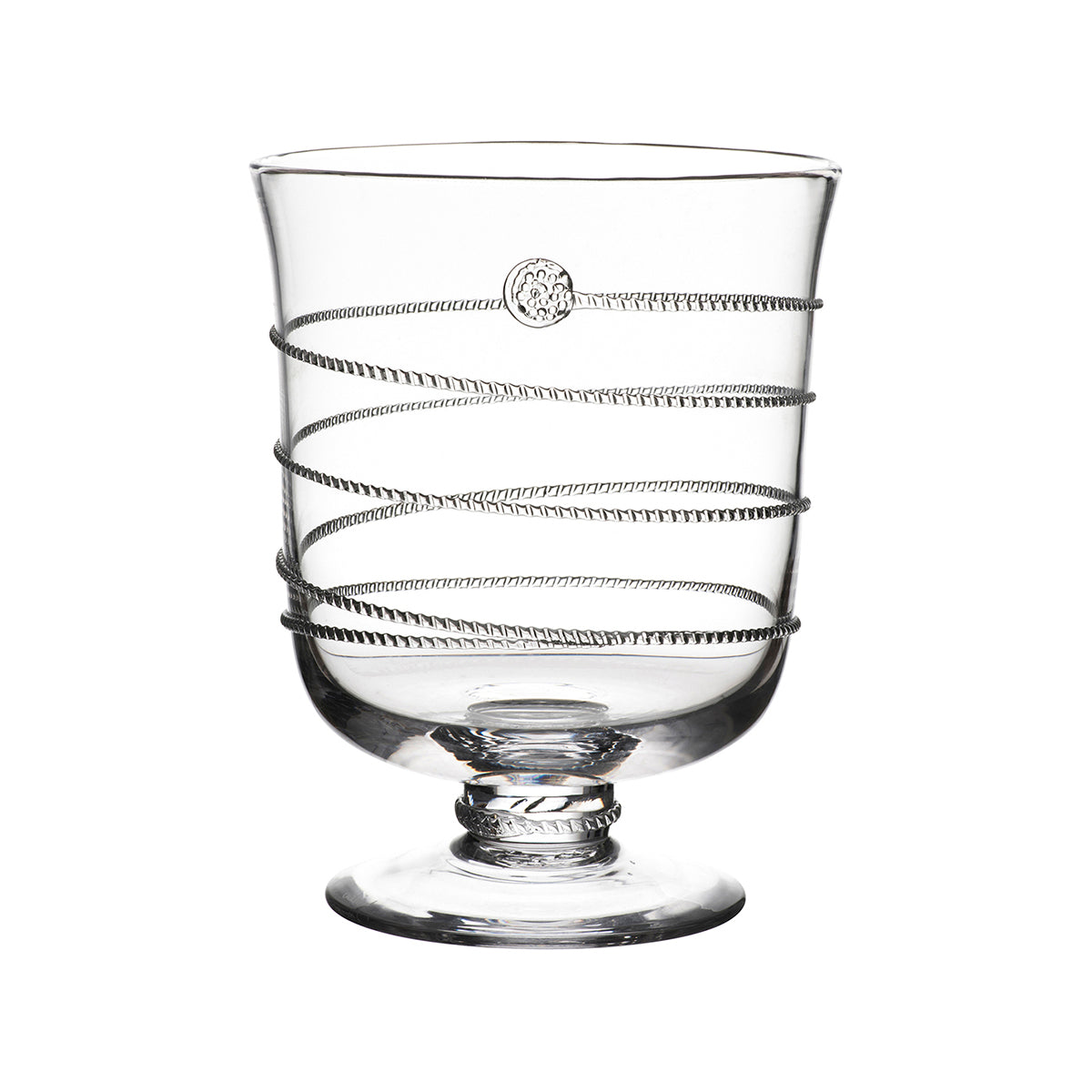 Front view of Amalia 7-inch hurricane with spiraled rope detailing, berry medallion, and short pedestal on white background