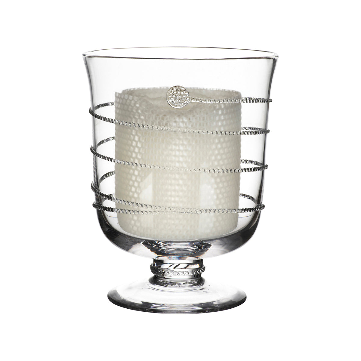 Front view of Amalia 7 inch hurricane glass showing spiraled silver wire and signature berry detail on a white background