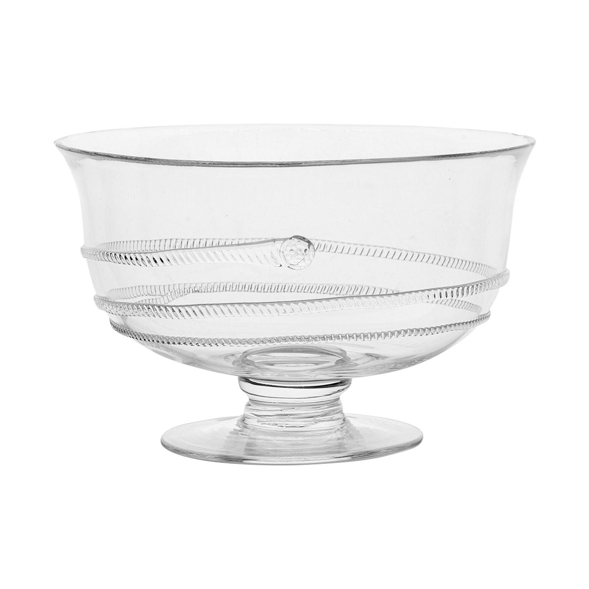 Front view of Amalia 10 inch Footed Bowl showcasing hand-blown glass, signature swirl design, and berry accent with white background