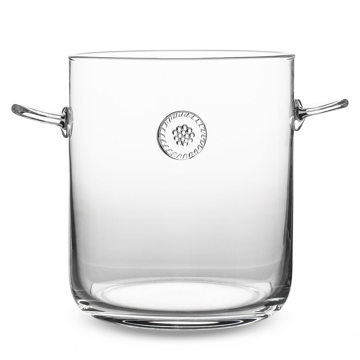 Front view of Berry & Thread ice bucket showcasing clear blown glass, embossed medallion, and side handles on white background