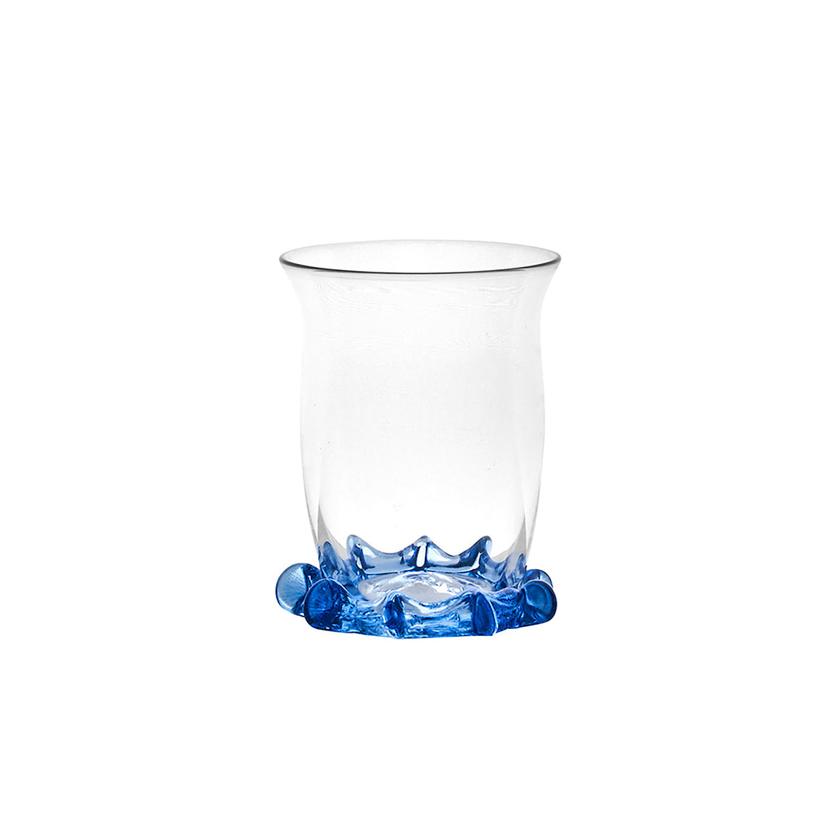 Front view of Harriet Shot Glass in Chambray showcasing its sculptural blue ruffle trim on a white background