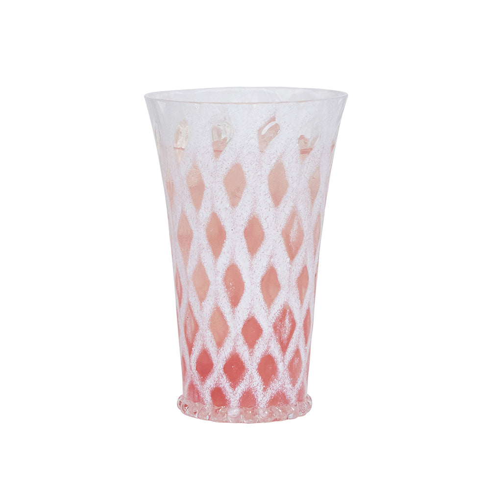 Front view of Trellis Large Tumbler in White showcasing its textured lattice pattern and decorative beaded base against a white background