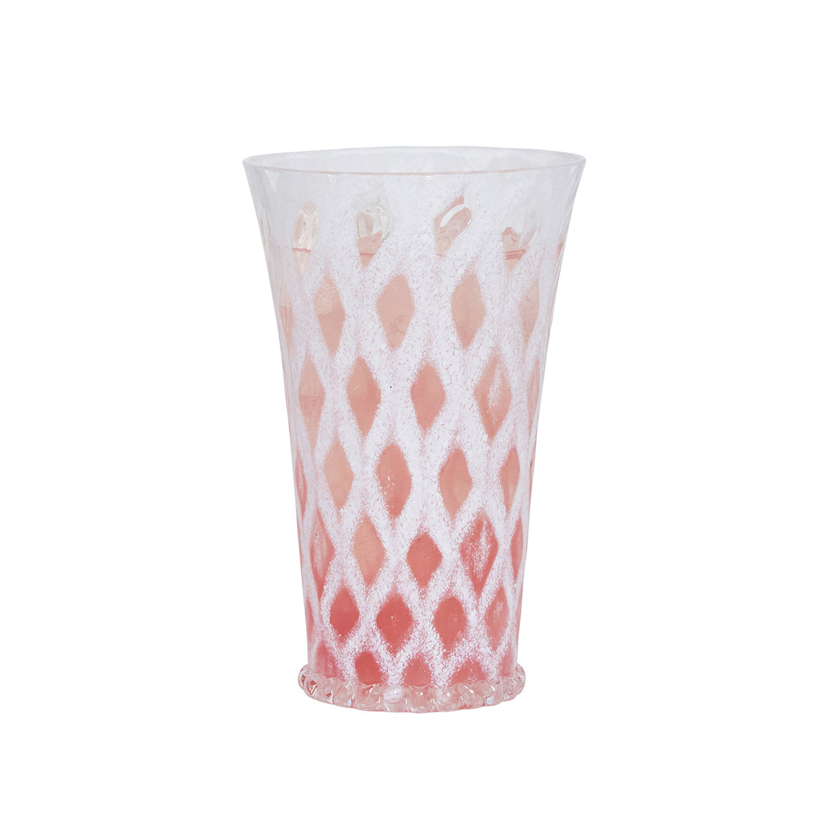 Front view of Trellis Large Tumbler in White showcasing its textured lattice pattern and decorative beaded base against a white background