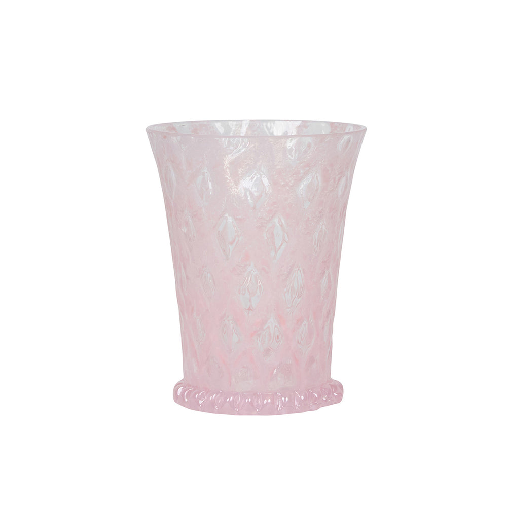 Front view of Trellis small tumbler in blush showcasing textured trellis pattern and ruffled foot on white background