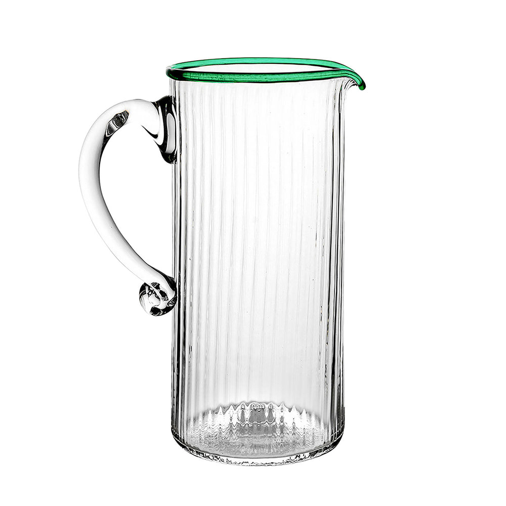 Front view of Nell Pitcher in Watercress showcasing clear lead-free glass, optic texture, and green rim on white background