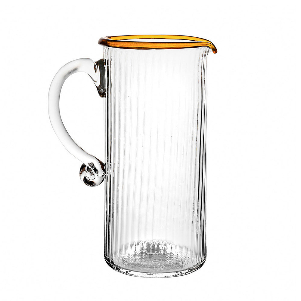 Front view of Nell Pitcher in Daffodil with optic glass, jewelry-like thread detailing, and colorful rim on white background