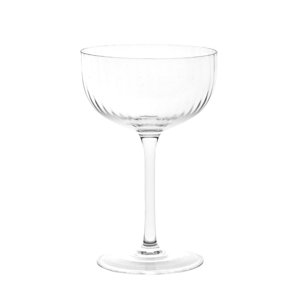Front view of Nell Coupe Glass showcasing clear lead-free glass and fluted bowl on a white background