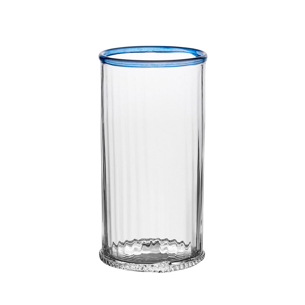 Front view of Nell Highball in Chambray showcasing a blue rim and textured glass base on a white background