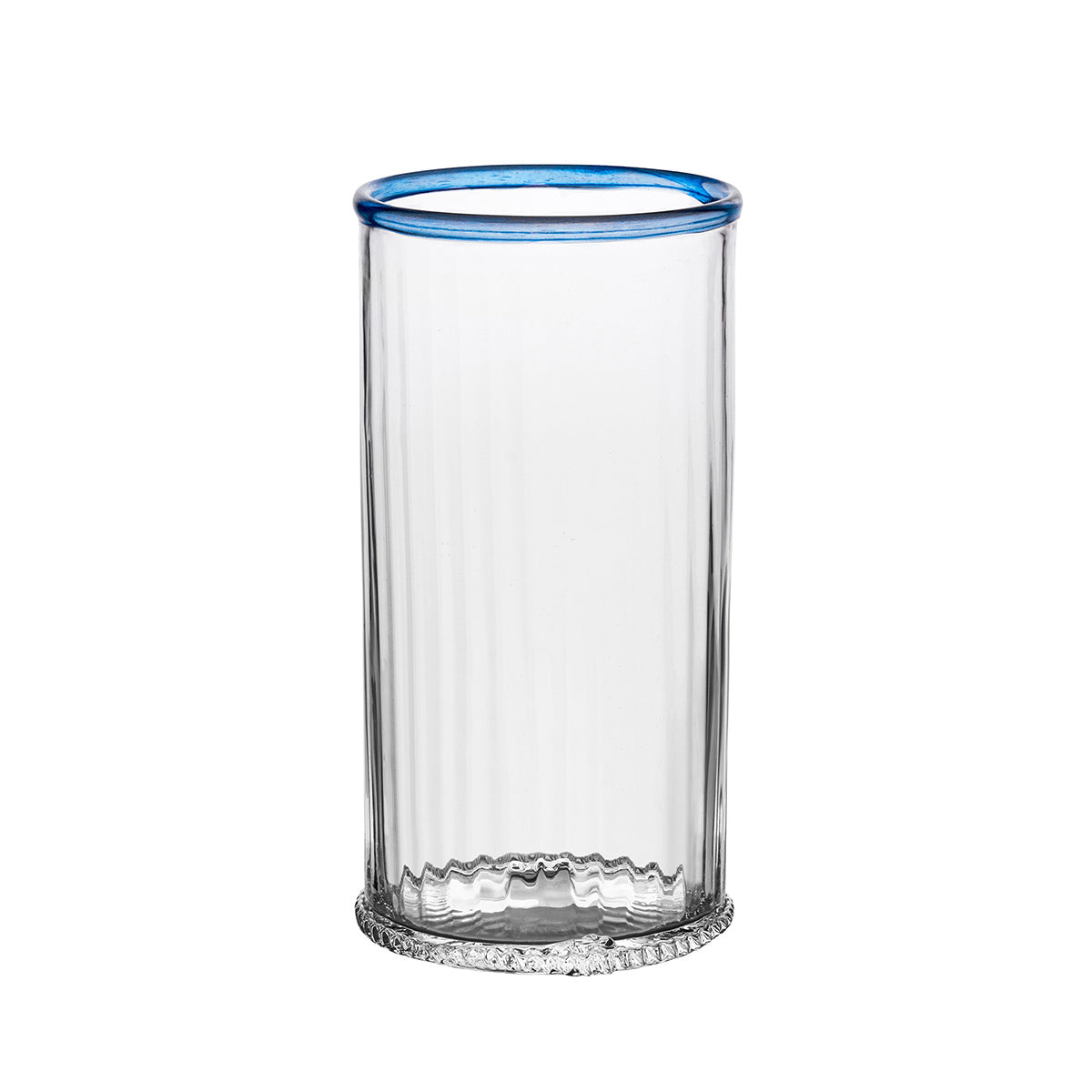 Front view of Nell Highball in Chambray showcasing a blue rim and textured glass base on a white background