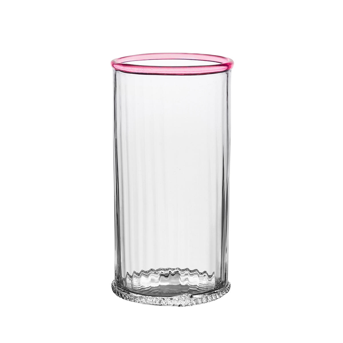 Front view of Nell Highball in Blush showcasing its pink rim and textured glass base with a white background