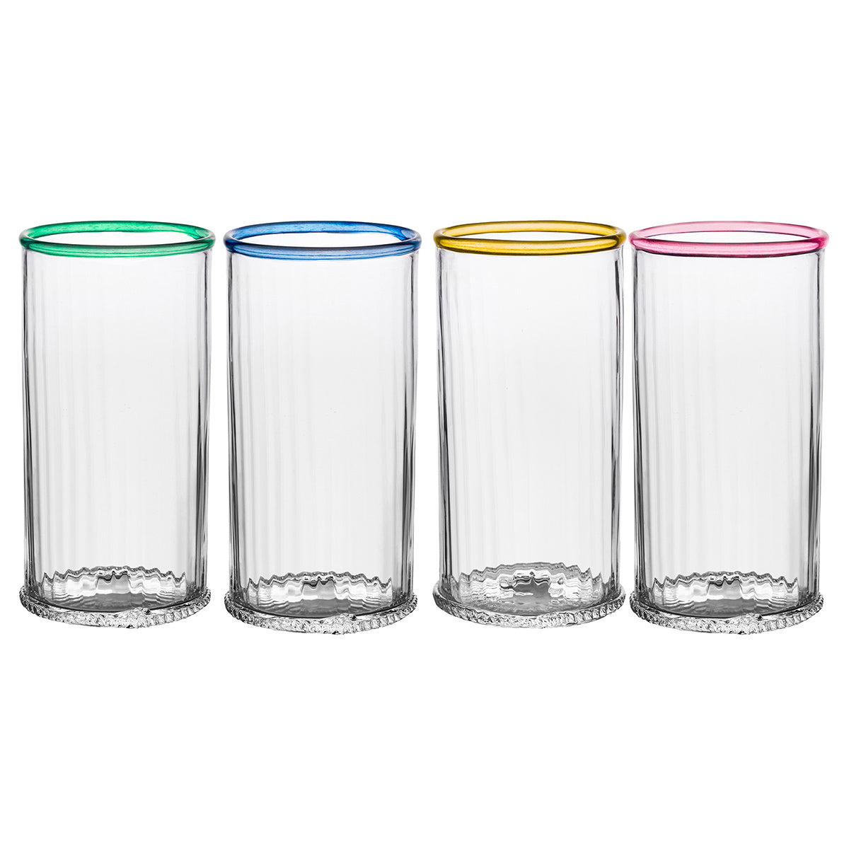 Front view of Nell Highball Assorted, Set of 4 in Multi showcasing colorful rims and textured bases with white background