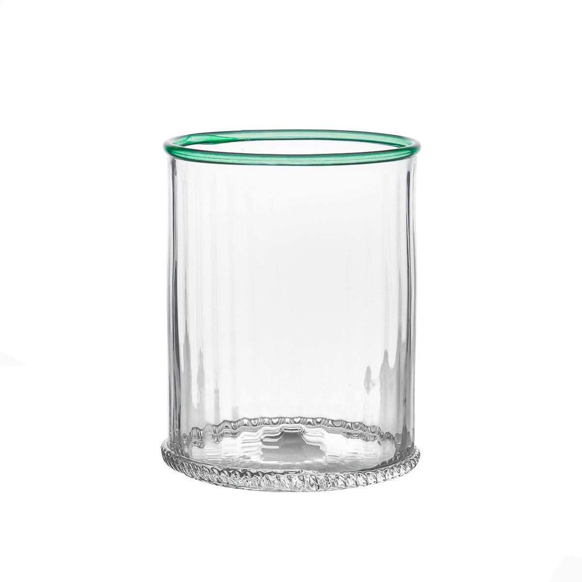 Front view of Nell Double Old Fashioned in Watercress showcasing clear lead-free glass, textured base, and green rim on a white background