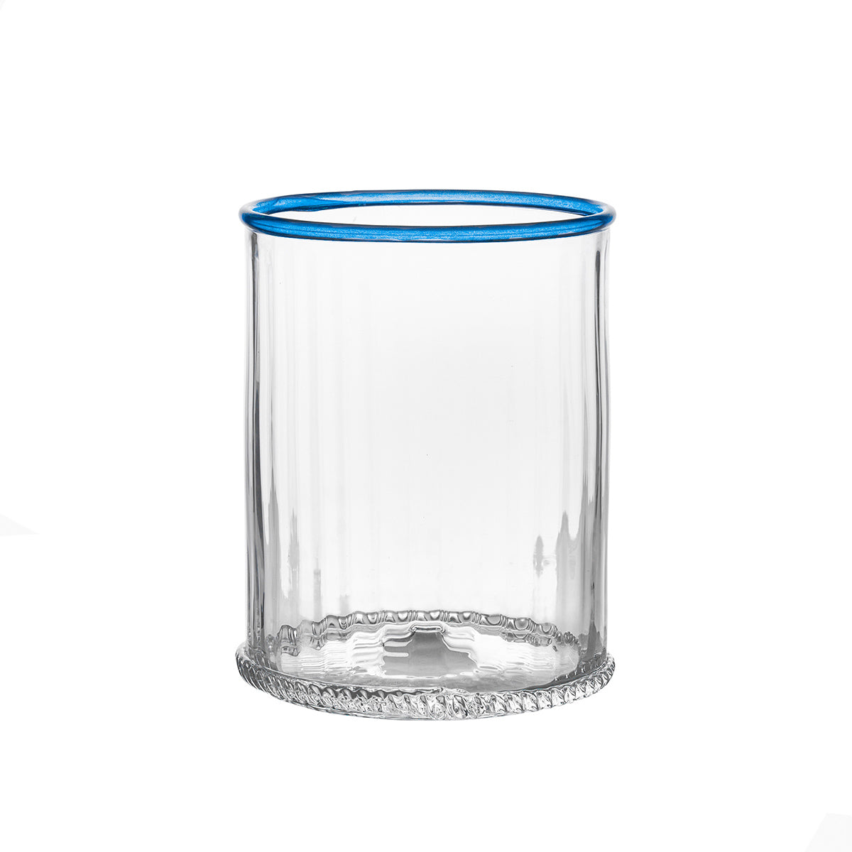 Front view of Nell Double Old Fashioned in Chambray showcasing its blue rim and textured glass base with a white background