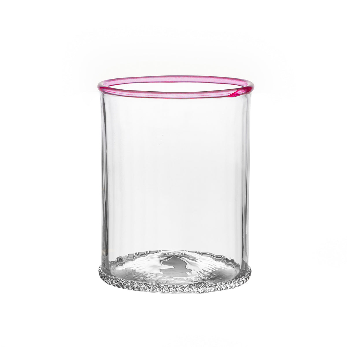 Front view of Nell Double Old Fashioned in Blush showcasing clear glass, pink rim, and textured base on white background