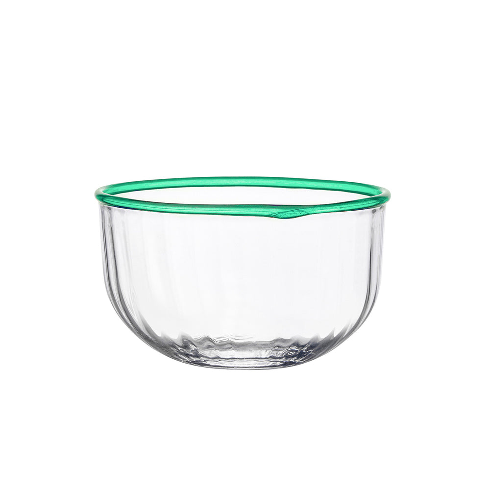 Front view of Nell 4.5 inch bowl in Watercress showcasing clear glass and green rim on white background