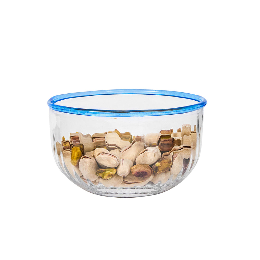 Front view of Nell 4.5 inch Bowl in Chambray showcasing blue rim and clear glass on a white background