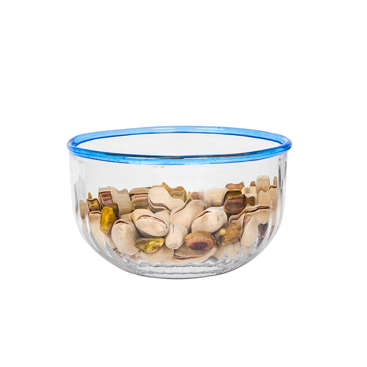 Front view of Nell 4.5 inch Bowl in Chambray showcasing blue rim and clear glass on a white background