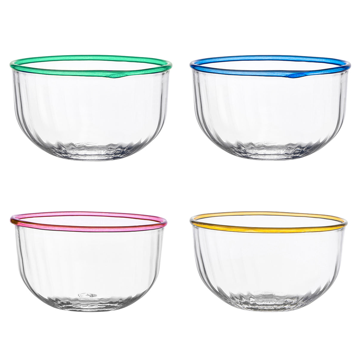 Front view of four Nell 4.5 inch bowls showcasing clear glass with green, blue, pink, and yellow rims on white background