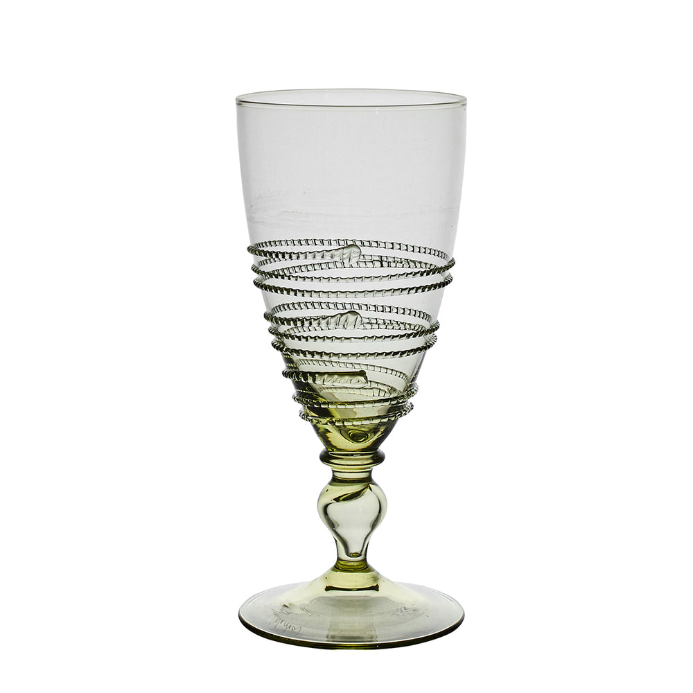 Front view of the Ella Goblet in Green showcasing a jewelry-like spiraling thread with a white background