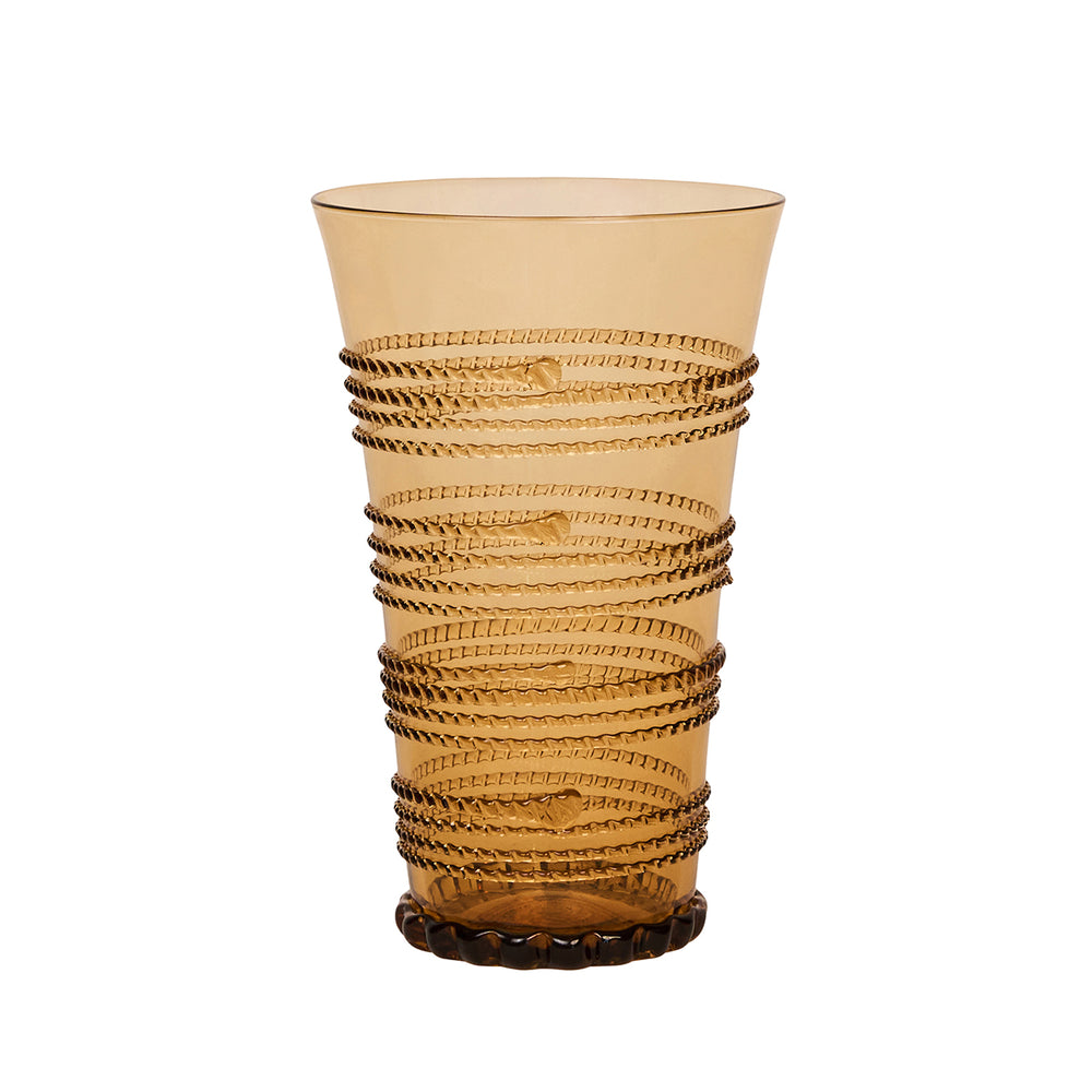 Front view of Ella large tumbler in amber showcasing jewelry-like spiraling beaded thread detail on a white background
