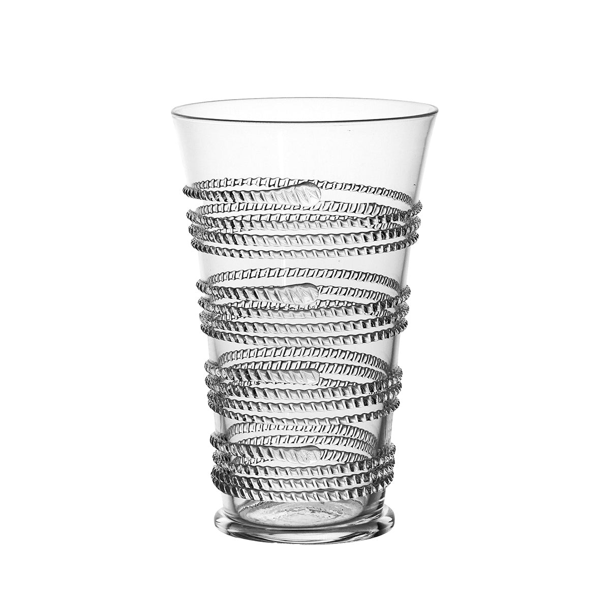 Front view of Ella Large Tumbler showcasing corseted waistline and swirling sparkling thread on clear glass against a white background