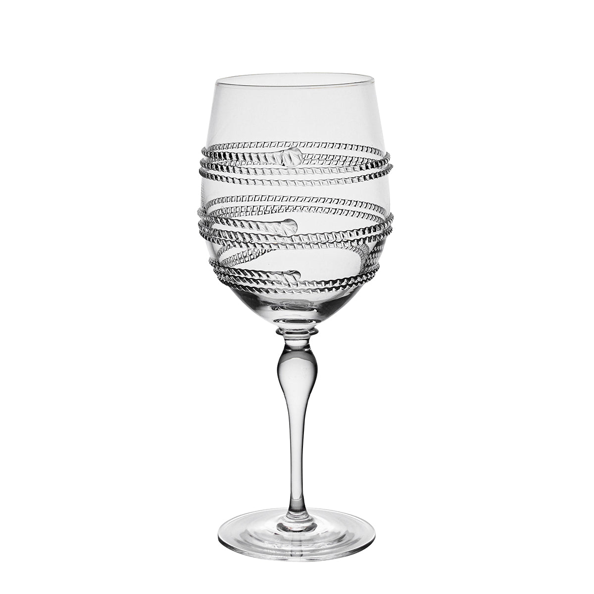 Front view of Juliska Ella Wine Glass showcasing jewelry-like spiraling thread with a white background