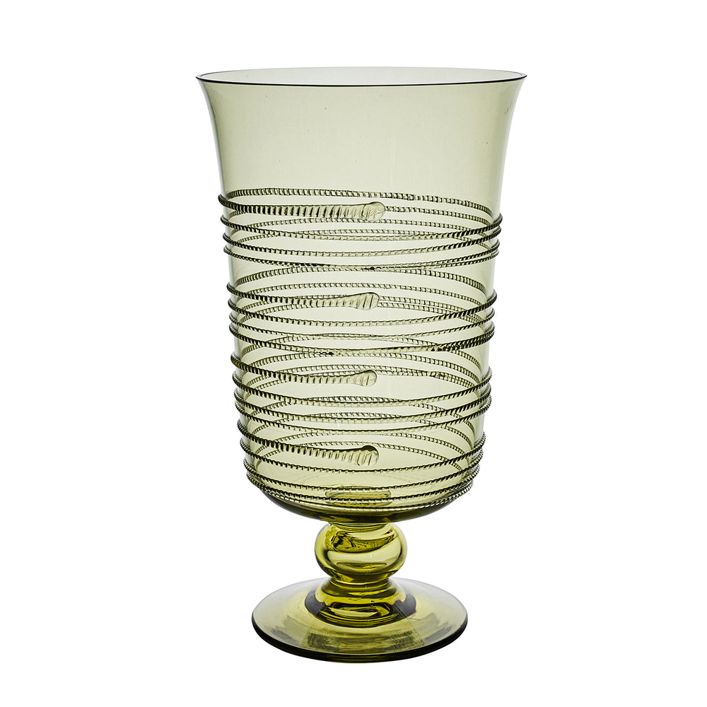 Front view of Ella 11-inch hurricane in green showcasing pedestal base and swirling thread detail on white background