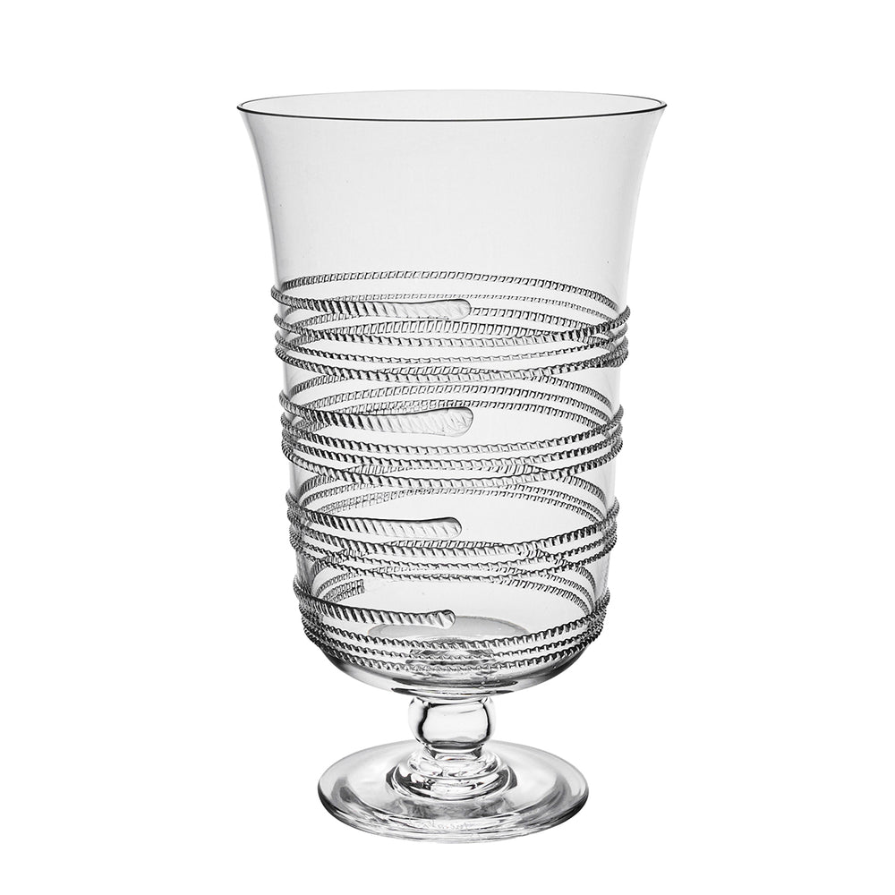 Front view of Ella 11-inch Hurricane showcasing swirling thread detail in clear mouth-blown Bohemian glass on white background