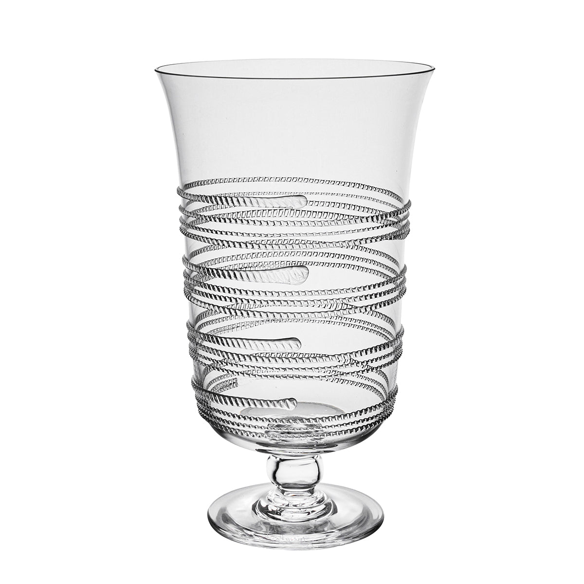 Front view of Ella 11-inch Hurricane showcasing swirling thread detail in clear mouth-blown Bohemian glass on white background