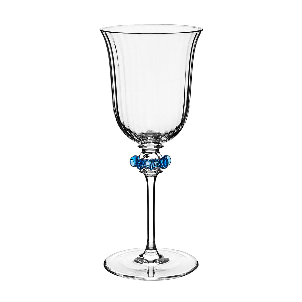 Front view of Nell Ruffle Wine Glass in Chambray showcasing its blue glass ruffle trim on a white background