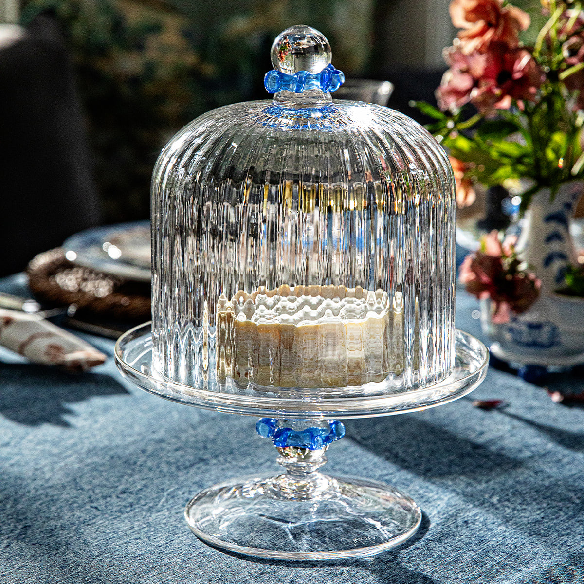 Nell Ruffle Petite Cake Dome & Stand Set in Chambray