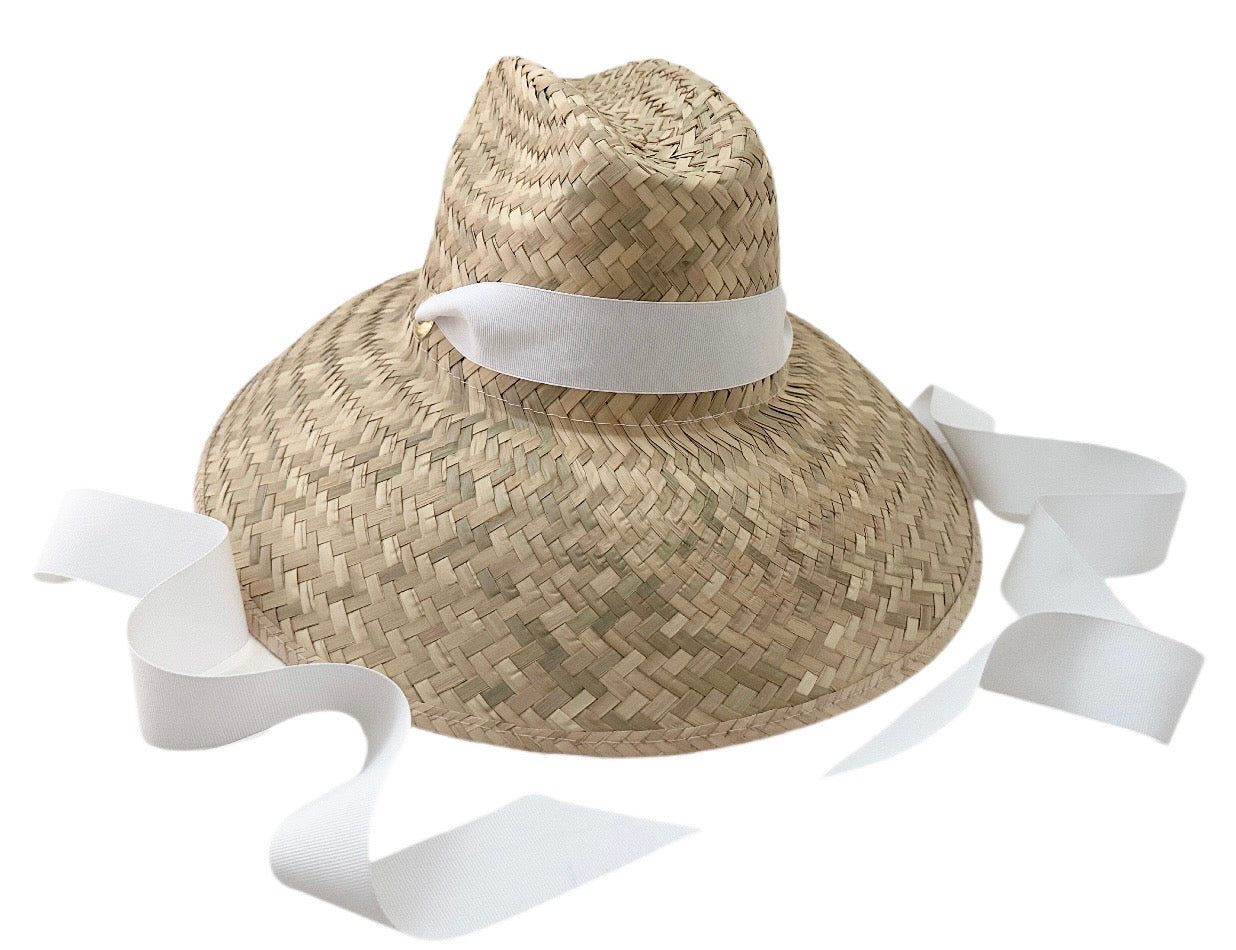 Begonia Sun Hat in Long White Grosgrain Ribbon