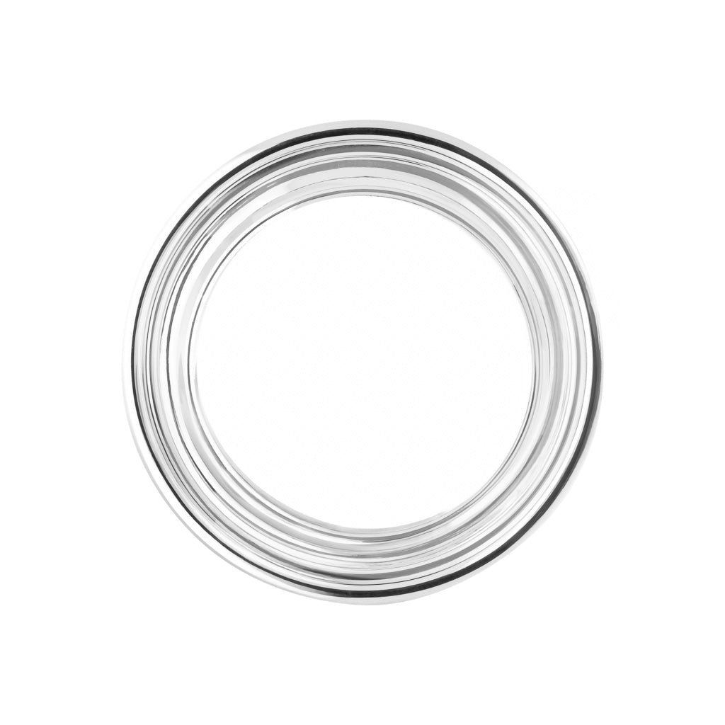 Top-down view of Vintage 6-inch round silver-plated dish showing concentric ridged rim on white background