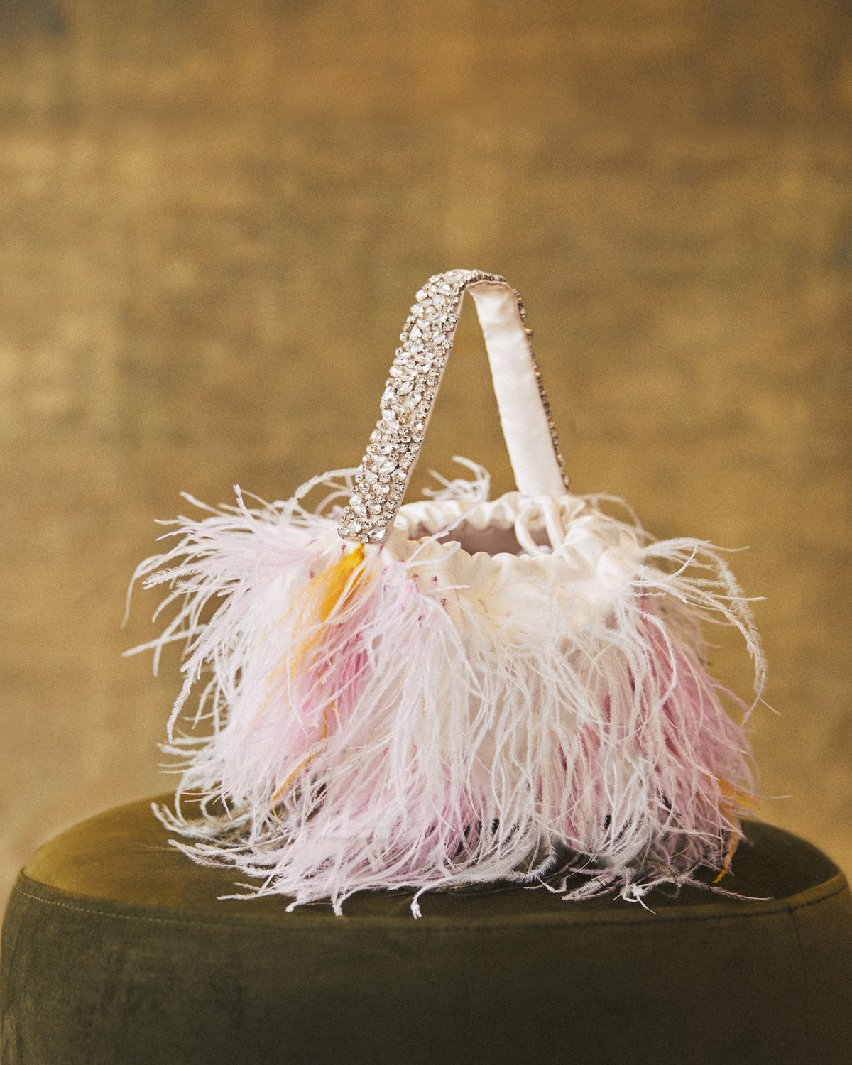 Piper Bucket Bag in Ivory with Abstract Floral Feather Embellishment