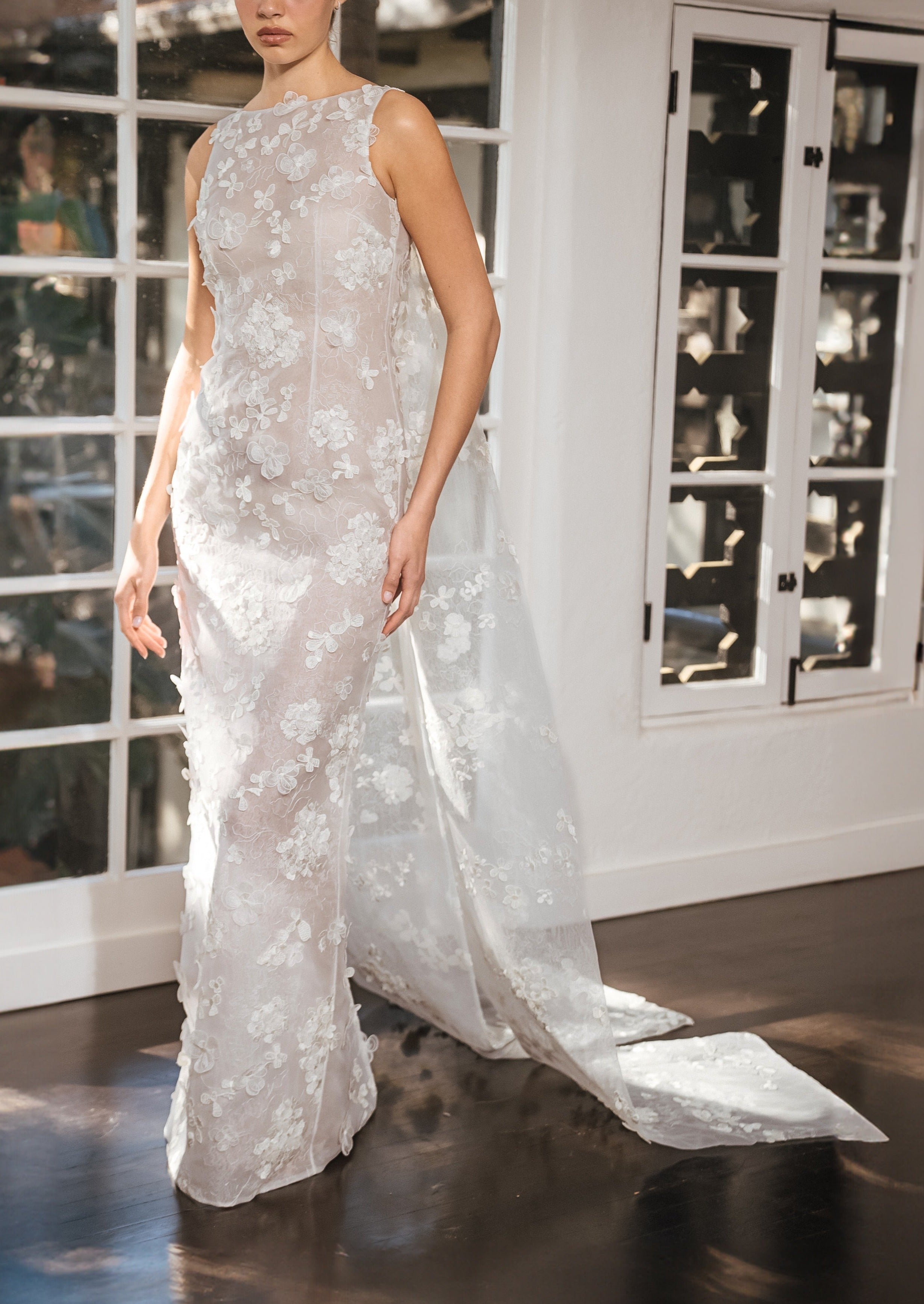 Bateau Column Gown With Panel Back And Appliqué Organza in White