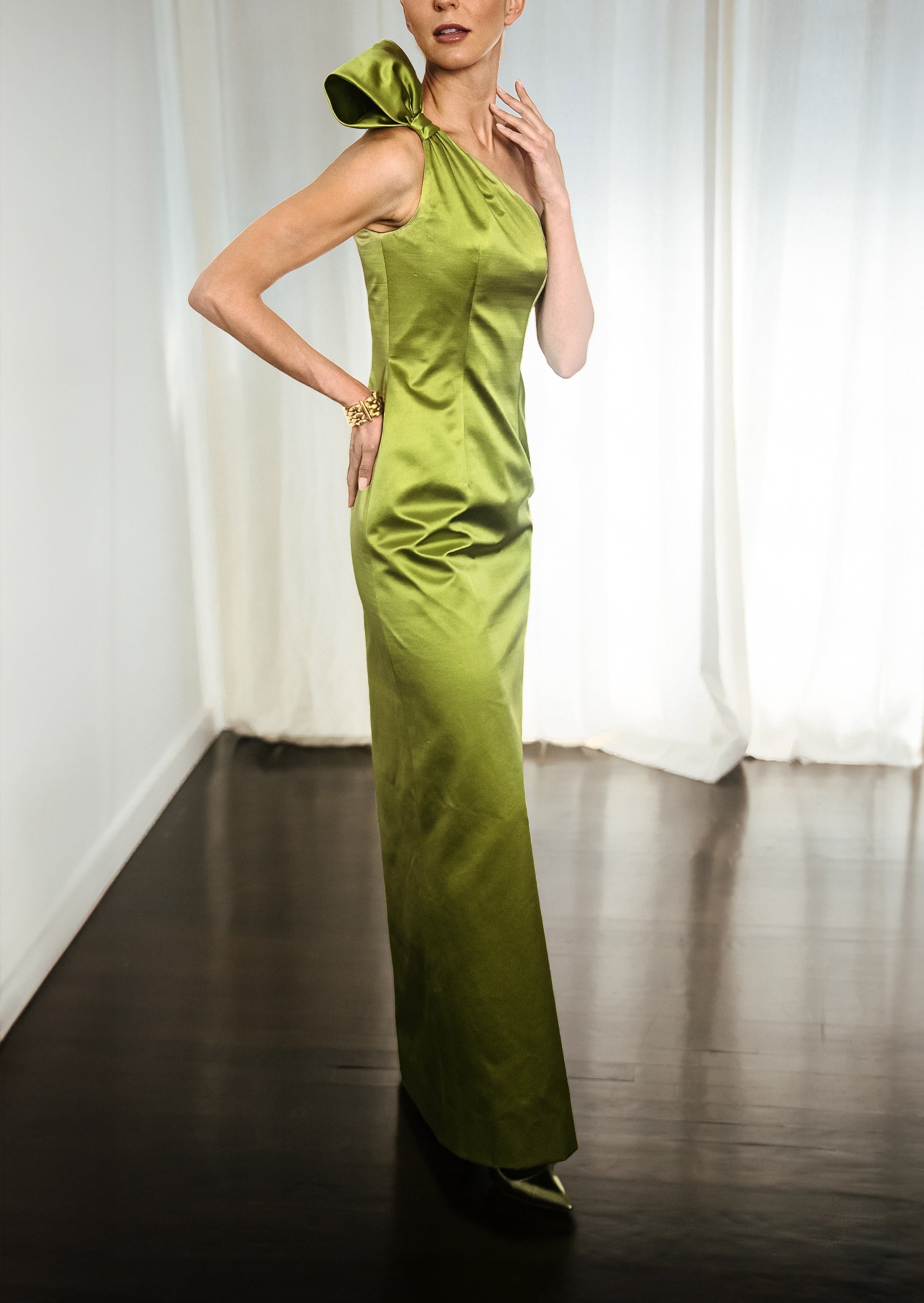 One Shoulder Tie Gown In Chartreuse Duchesse Satin