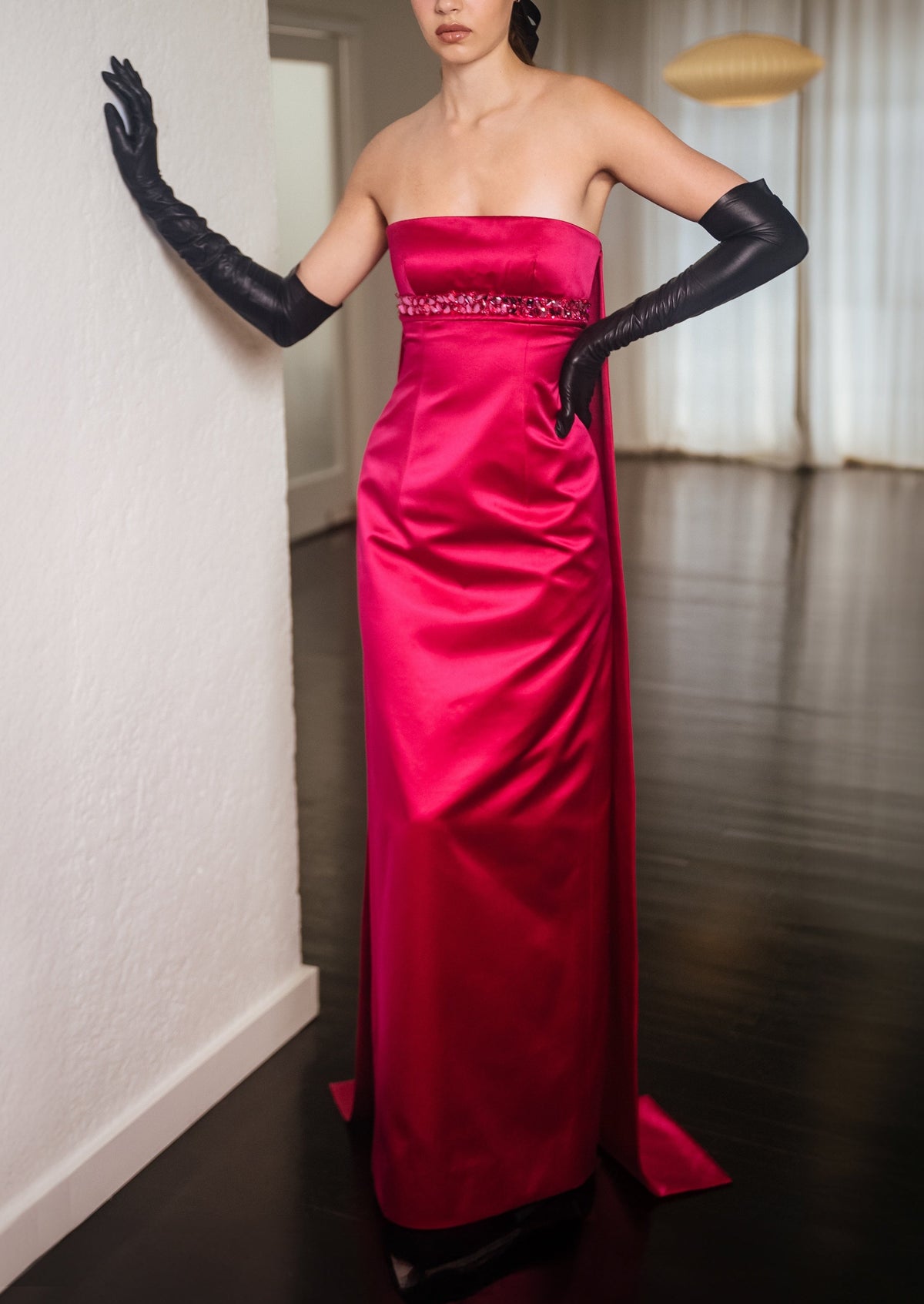 Strapless Panel Back Empire Gown In Italian Fuschia Pink Duchesse Satin With Jeweled Waist