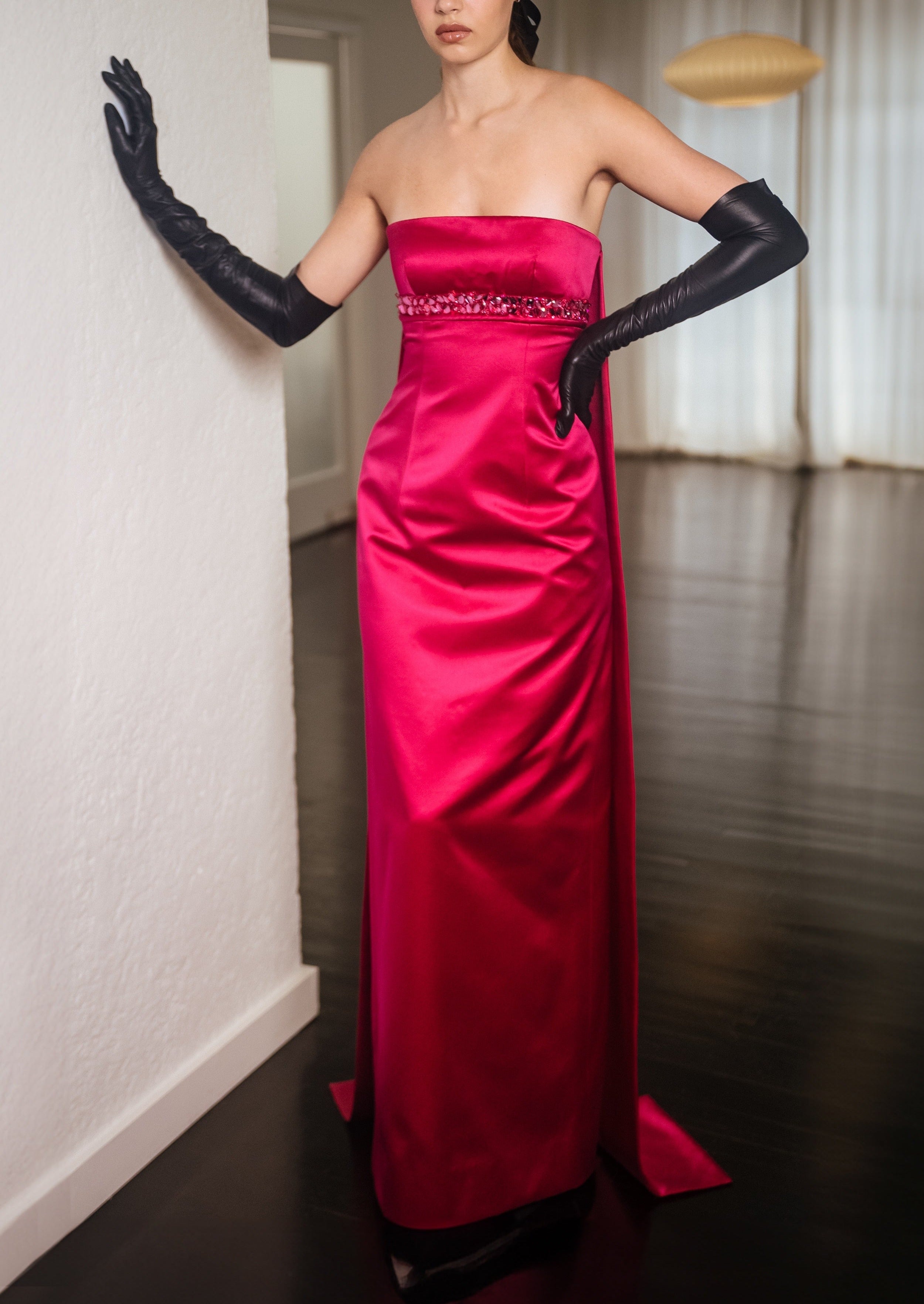 Strapless Panel Back Empire Gown In Fuschia Pink Duchesse Satin With Jeweled Waist