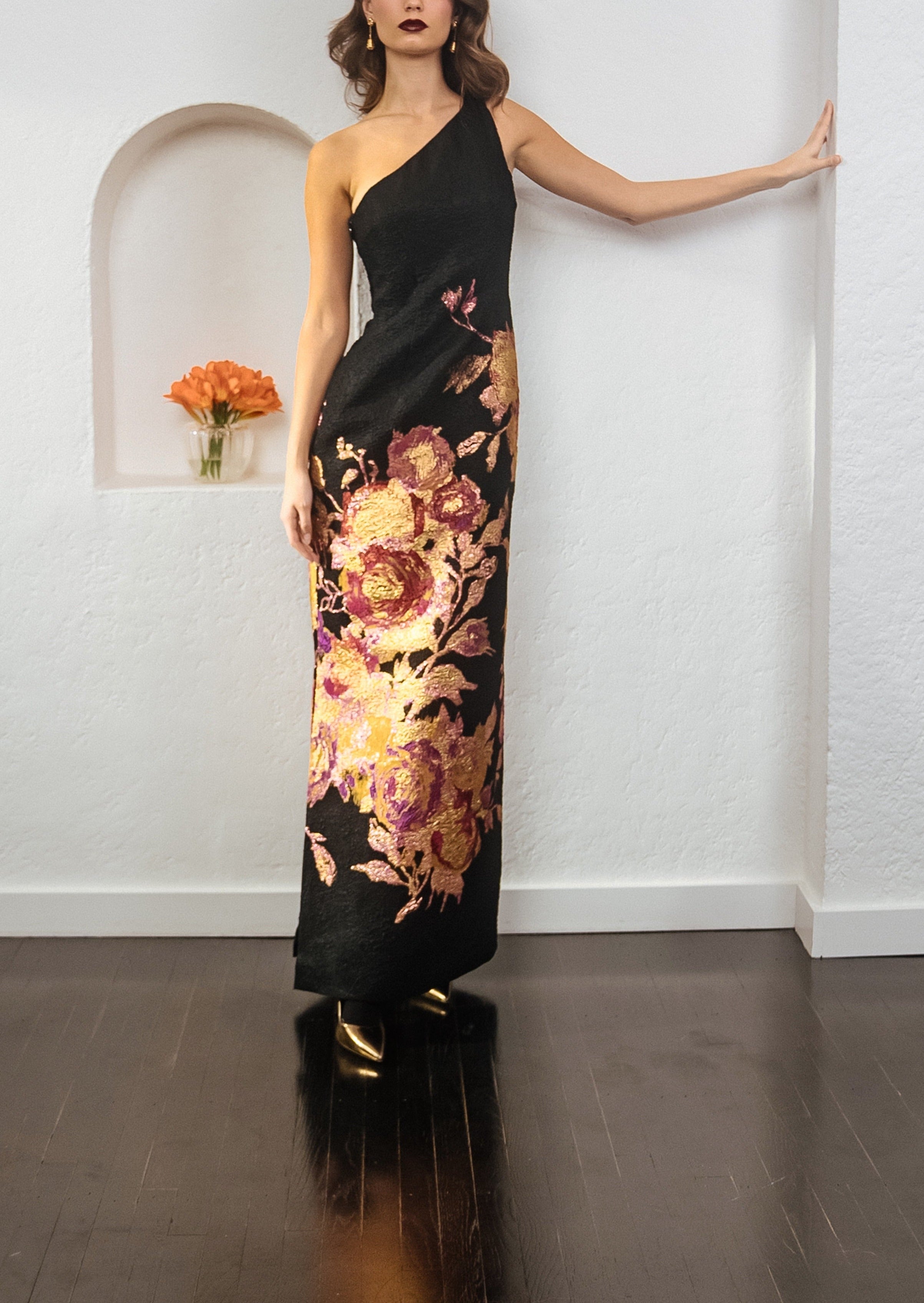 One Shoulder Slim Dress In Black Crepe With Pink And Gold Appliqué