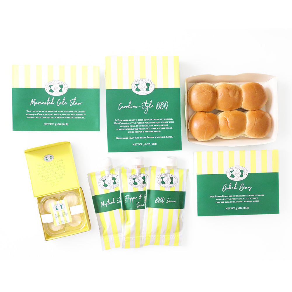 Top view of Carolina-Style BBQ Party kit with three sauce pouches, packaged sides, six slider buns on white background