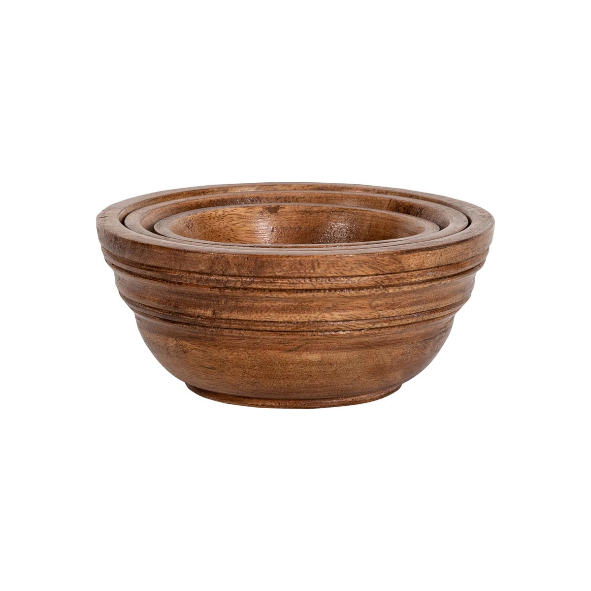 Front view of Bilbao Wood Nesting Bowls showcasing three graduated mango wood bowls nested together on a white background