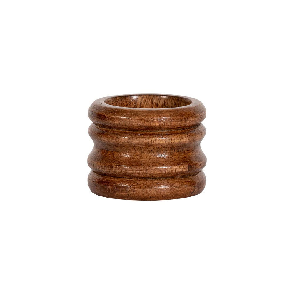 Front view of Bilbao wood napkin ring showcasing carved ribbed grooves in warm mango wood on white background