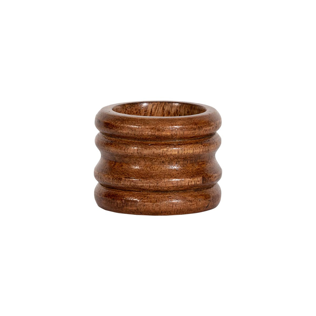 Front view of Bilbao wood napkin ring showcasing carved ribbed grooves in warm mango wood on white background