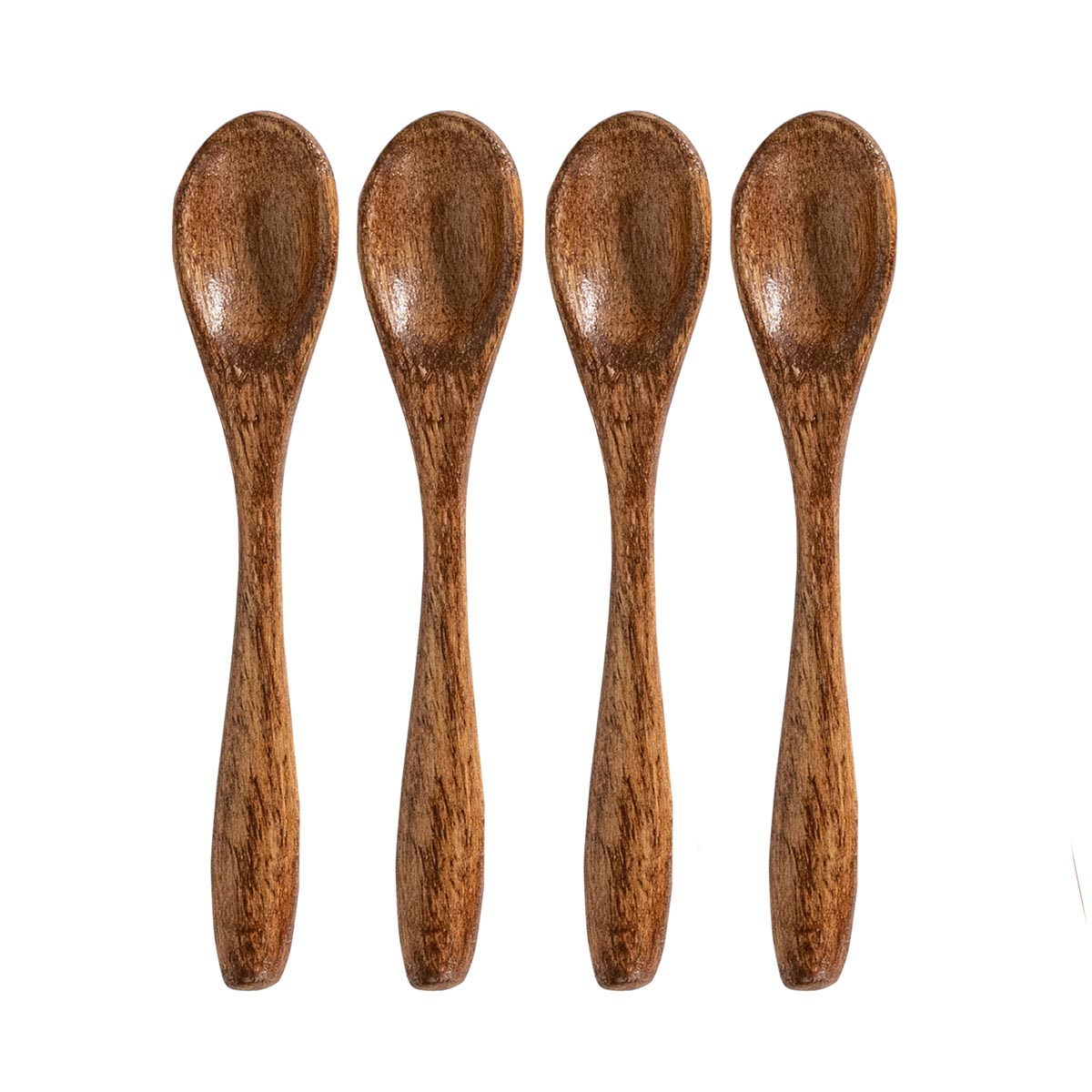 Front view of Bilbao Wood Petite Spoons showcasing four mango wood spoons with a white background