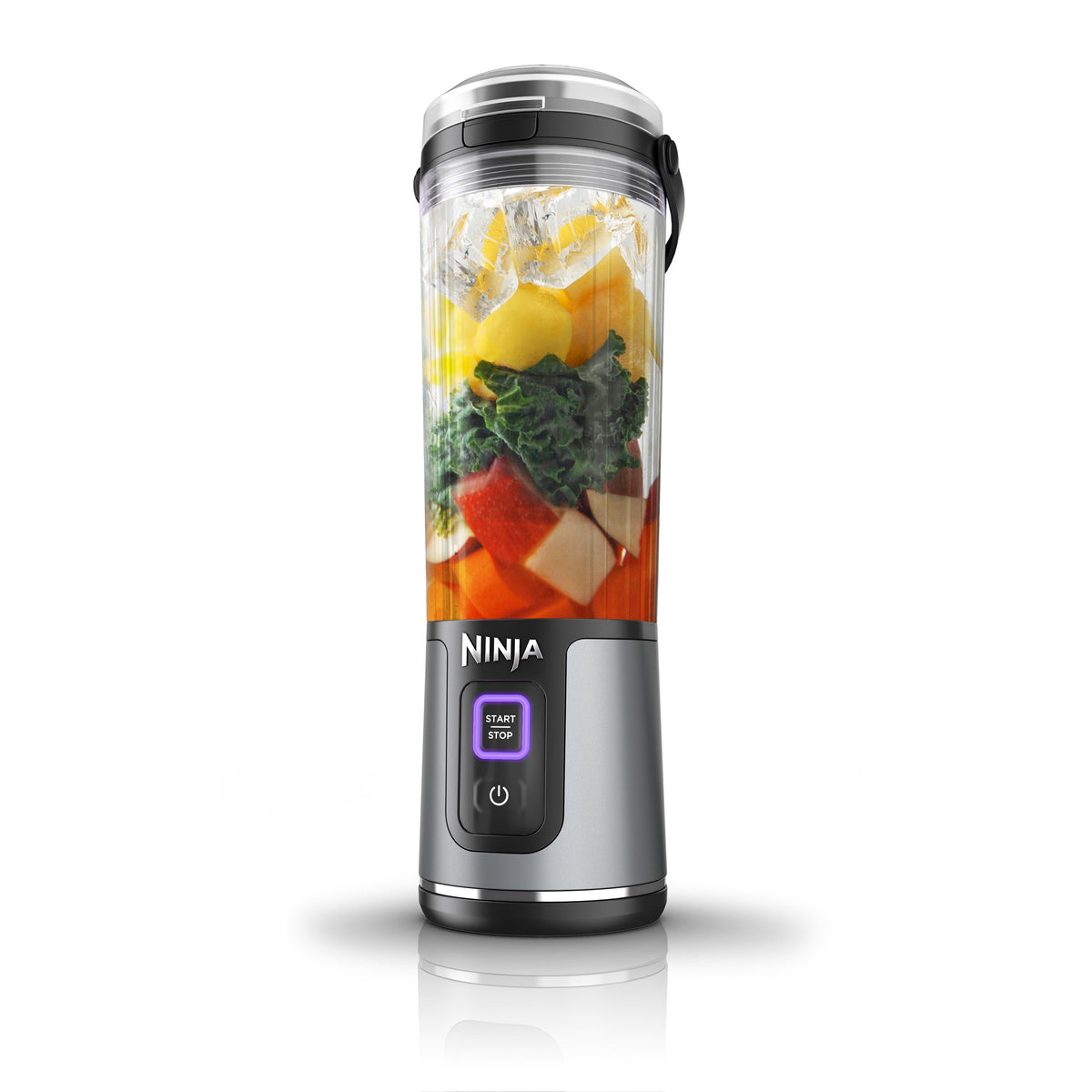 Front view of Blast Portable Cordless Blender in Black showcasing clear vessel, carry handle, and controls on white background