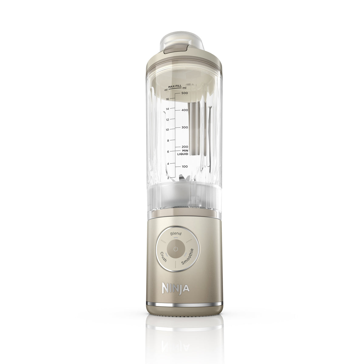 Front view of Blast Max cordless blender in cream with 22 oz vessel, measurement markings, and preset dial